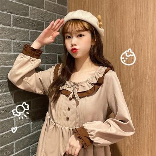 College-Style Pleated Bow Daily Light Lolita Long-Sleeved Color Matching Ruffles gothic lolita dress women kawaii clothing loli