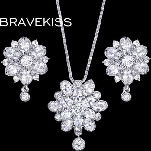 BRAVEKISS crystal jewelry sets flower chain necklace long with charm stud earrings set for women party parure bijoux BUS0016