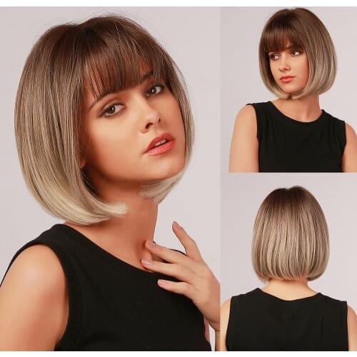 La Sylphide Synthetic Wig Short Straight Root Brown Ombre Blonde Bob Wigs with Bangs for Woman Daily High Temperature Fiber