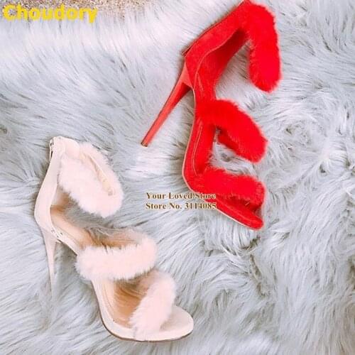 Choudory Cute Fur High Heel Sandals Pink Red Fluffy Wedding Shoes Young Girls Prom Dress Pumps Gladiator Stage Shoes Size46