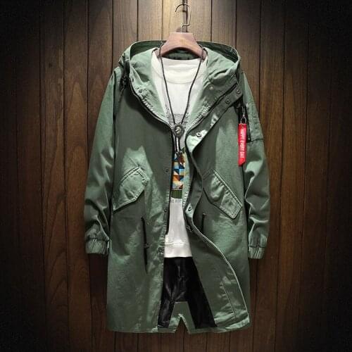 Long Trench Coat Jacket Men Cotton Autumn Spring Black Hip Hop Japanese Coats Streetwear Mens Hooded Army Green Casual Jackets