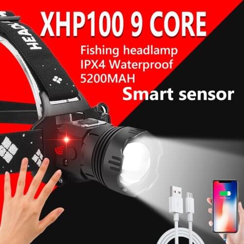 New XHP100 9Core Smart Sensor Led Headlamp Infrared sensor USB Rechargeable Fishing Headlights Flashlight 18650 Zoom Head Torch