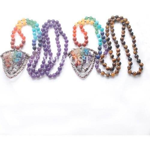 New Arrivals 108 Mala Beads Long Necklaces 7 Chakra Natural Stone Knotted Sweater Chain Antique Copper Shield Pendants QBF318
