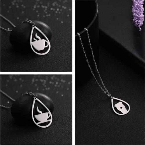 Teamer High Qulity Stainless Steel Chokers Necklace Femme Fashion Hollow Heart Coffee Cup Water Drop Pendant Necklace for Women