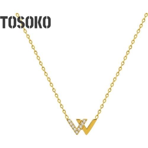 TOSOKO Stainless Steel Jewelry Letter W With G Zircon Necklace Womens Double V Fashion Clavicle Chain BSP1008