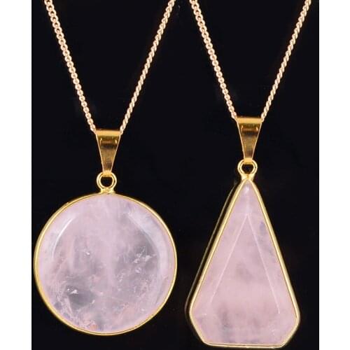 Necklaces & Pendants Natural Stone Pink Crystal Pendant for Women Men Oval Dome Water Teardrop Reiki Bead Necklace JewelleryD313