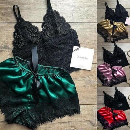 Womens Sexy Lace Sleepwear Summer Casual Loose Solid Sleeveless V-Neck Babydoll Pajamas Set Lingerie Tops Shorts Set Nightwear