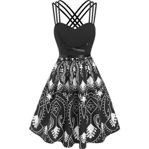 Wipalo Gothic Plus Size Casual Dress Strappy Crisscross Printed Flare Dress Sleeveless Women Fashion Party Dress Vestidos Femme