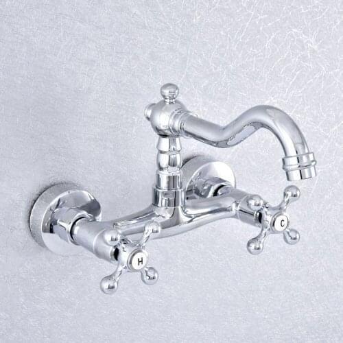 Polished Chrome Brass Wall Mounted Bathroom Kitchen Basin Sink Swivel Faucet Mixer Tap Double Cross handle