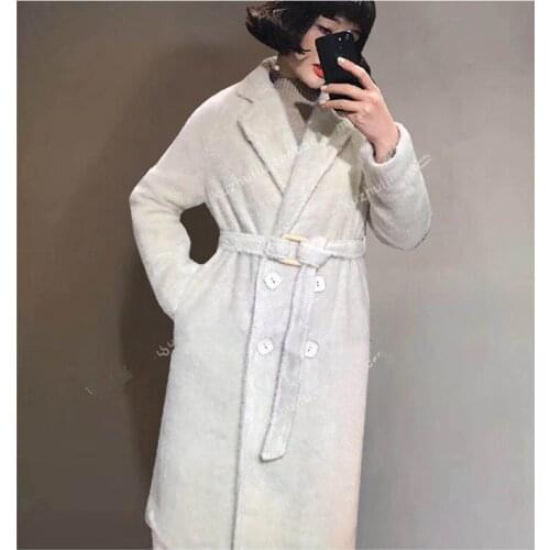 2021 luxury Real Mink Cashmere coat long hiary plush fur Coat with belt women Winter Fluffy Outwear thick warm oversize cardigan