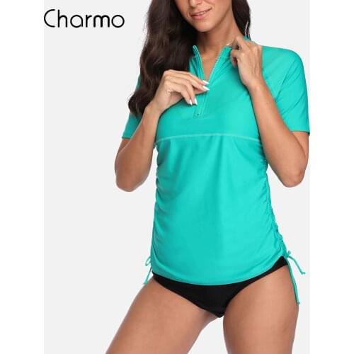 Charmo Women Long Sleeve Rash Guard Shirts Zip Front Swimwear Rashguard Top Side Bandaged Surf Top Diving Shirt UPF 50