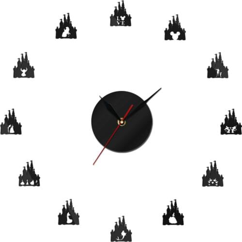 Princess Castle Quartz Acrylic Mirror Sticker Self Adhesive DIY 3D Wall Clock Watch Children Bedroom Wall Decor Zegar Girl Gift