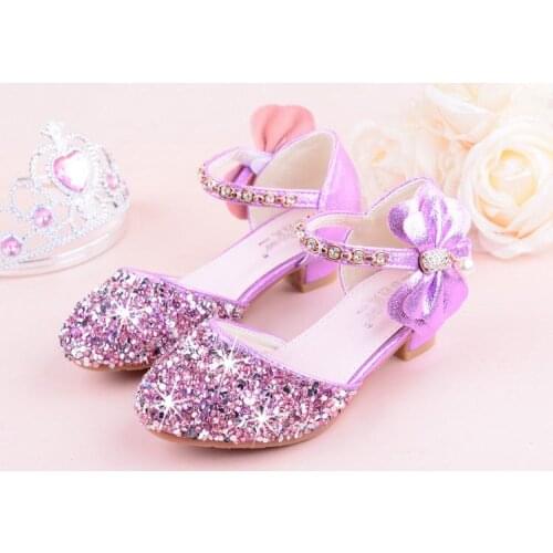 New Girls Bow-knot Princess Shoes with High-Heeled, Kids Glitter Dance Performance Summer Shoes, Purple , Pink & Silver 26-36