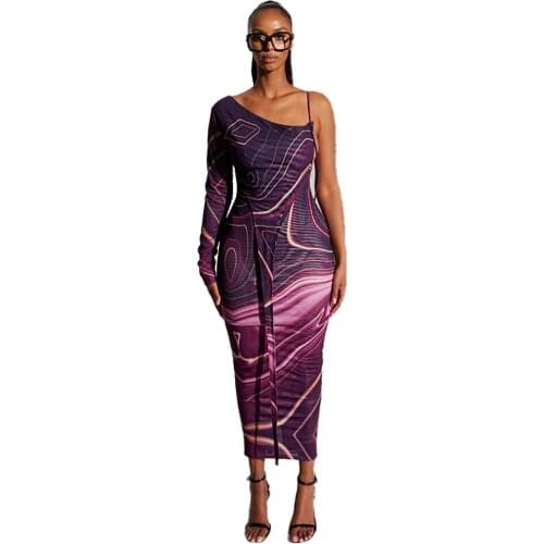 XLLAIS Womens One Shoulder Long Sleeve Tie-Dye Print Club 2021 New Fashion Bandage Sexy Bodycon Maxi Dresses