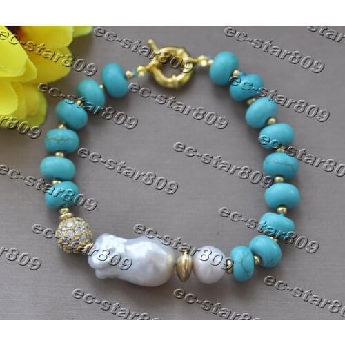 Z11292 8" 25mm Rondelle Blue Turquoise White Baroque Keshi Pearl Bracelet Women Fasion Jewelry