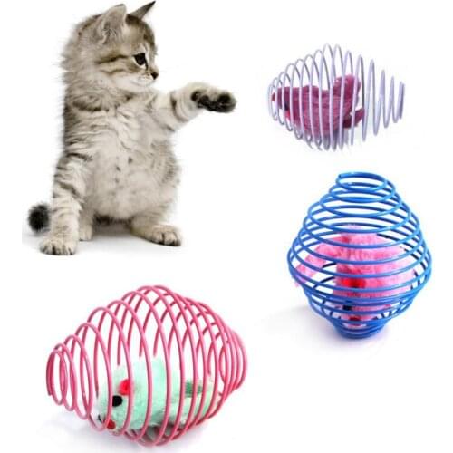 Pet Products Cat Toys Cat Long-haired Tail Mice Spring Prison Cage Mouse Telescopic Wire Spring cat accessories Toy For Cats Dog
