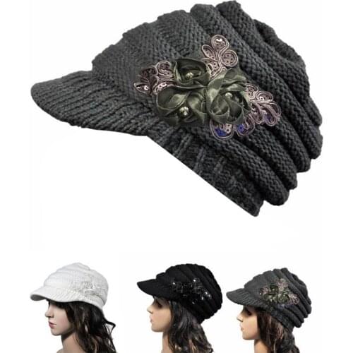 Womens Warm Beret Hat For Autumn And Winter With Brim Sequin Applique Pure Color Decorated Beautiful Flowers Hat