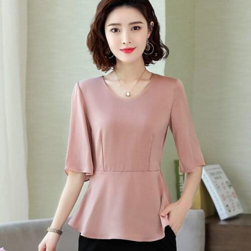 Womens Spring Summer Style Chiffon Blouses Shirt Womens O-neck Solid Color Half Sleeve Casual Temperament Tops DD8652