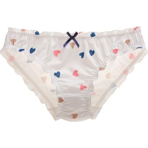 Japanese Style Cute Lovely Milk Silk Women Panties Heart Print Low Waist Female Underwear Ruffle High Elasticity Girl Breifs
