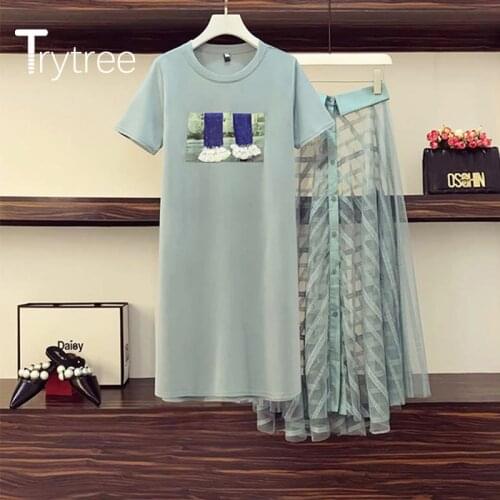 Trytree 2020 Summer Women Two Piece Set Casual O-neck Loose T-shirt Long Tops + Skirt Mesh Single Breasted Green Set 2 Piece Set