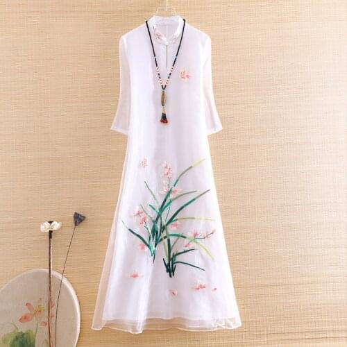 Hi-end Spring Summer 2020 Women Cheongsam Loose Dress Embroidery Elegant Lady Chinese Style A-line Party Qiapo Dress S-XXL