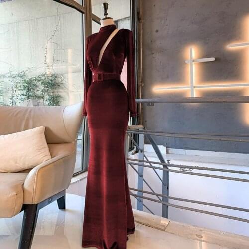 2021Elegant Burgundy Velvet Full Sleeve Evening Dresses High Neck Mermaid Formal Gowns Women Party Robe De Soirée