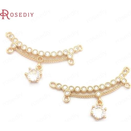 40211)6PCS 20x34MM 24K Champagne Gold Color Brass and Zircon 4 Holes Curve Connect Charms Pendants Diy Jewelry Making Supplies