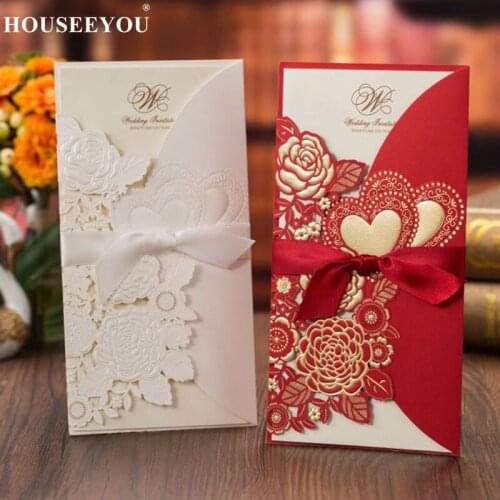 50pcs Laser Cut Wedding Invitations Card Rose Love Heart Greeting Customize Envelopes with Ribbon Party Supplies