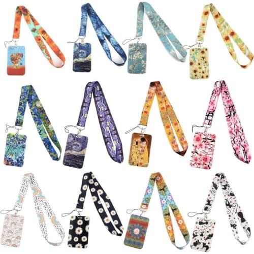 DZ1330 Wholesale Van Gogh Sunflower lanyard card ID Holder Car KeyChain ID Card Pass Gym Mobile Badge Key Ring Holder Jewelry