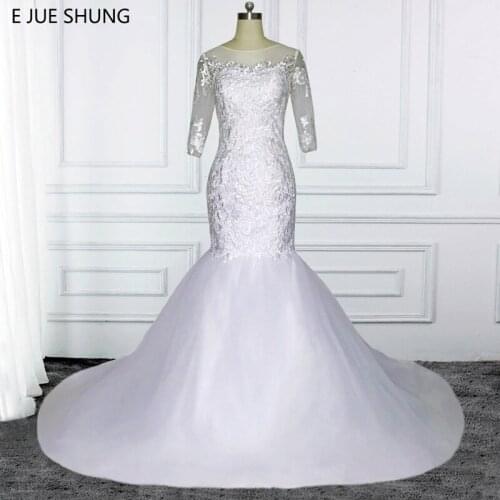E JUE SHUNG White Lace Appliques Cheap Mermaid Wedding Dresses 2018 Lace Up Back 3/4 Sleeves Wedding Gowns abiti da sposa