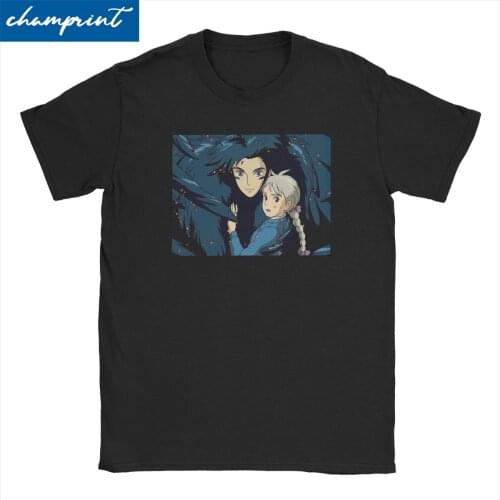 Howls Moving Castle T-Shirt for Men Ghibli Hipster Cotton Tees Round Neck Short Sleeve T Shirt Gift Tops