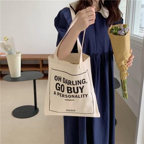 Women Canvas Shopping Bag Raw Cotton Fabric Shoulder Bags Eco Cloth Handbag Tote Letters Print Books Bag For Girl