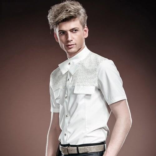 Free Shipping New fashion casual male casual mens Summer Court summer wedding pure white dress shirt 14317 On Sale