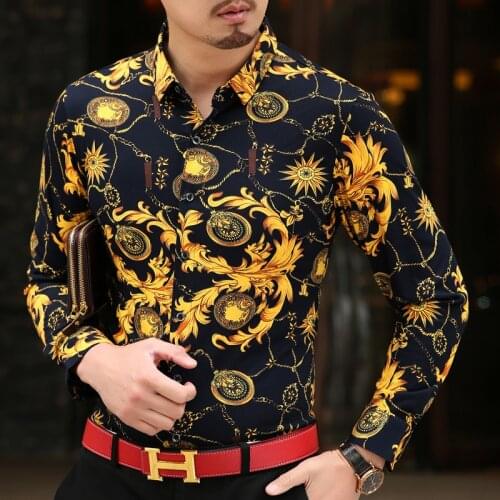 Mens Slim Fit Print Party Club Shirt Fashion Black Gold Formal Pattern Long Sleeve Business Casual Shirts Spring Summer Thin