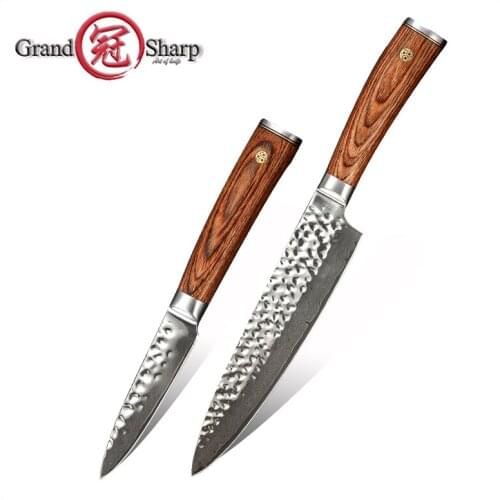 Grandsharp 2 Pcs Kitchen Knife Set Chef Paring Knife 67-Layer Japanese Damascus VG10 Japanese Kitchen Knives Pakkawood Handle