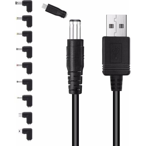 Universal USB to DC 5.5x2.1mm plug power cord with 10 connectors for routers, mini fans, speakers, cameras, smartphones, etc