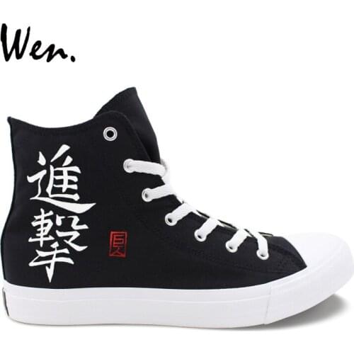 Wen Anime Design Hand Painted Black Sneakers Wings Scout Regiment Survey Corps Attack on Titan Man Woman Canvas High Top Shoes