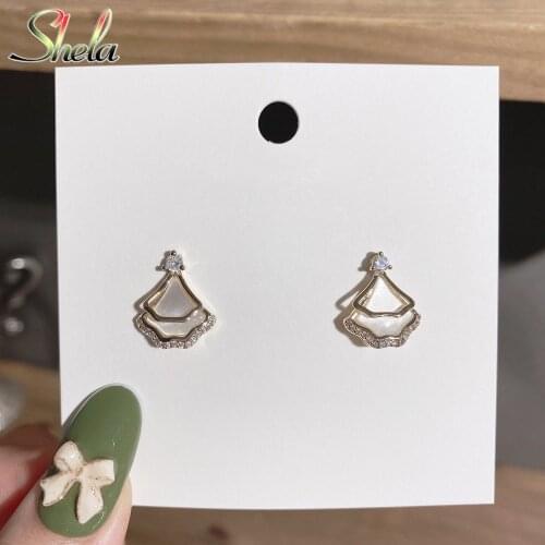 Top High Quality Geometric Fan Earrings Women AAA Zircon Natural Shell White Charm Exquisite Pendant Trendy Jewelry S925 Pins