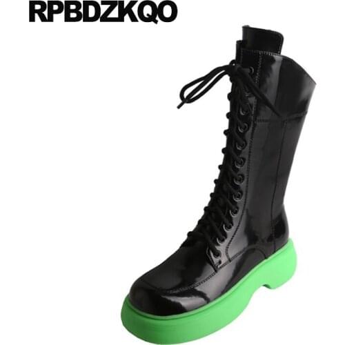 Lace Up Creepers Platform Combat Military Harajuku Mid Calf Patent Leather Muffin Luxury Brand Shoes Women Boots Flat Flatform