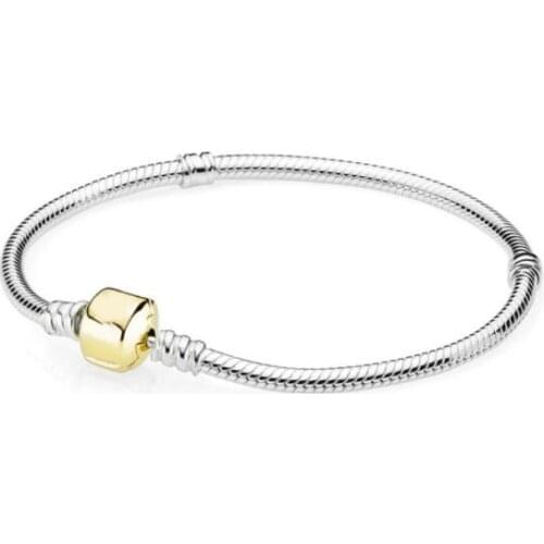 Authentic 925 Sterling Silver Gold Color Barrel Clasp Basic Snake pandora Bracelet Bangle Fit Women Bead Charm DIY Jewelry
