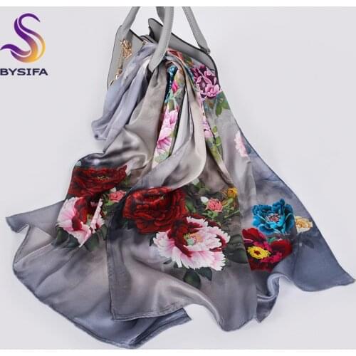 [BYSIFA] Grey Blue 100% Pure Silk Scarf Chinese Style Peony Women Long Scarves Shawls Fall Winter Luxury Brand Neck Scarf Hijab