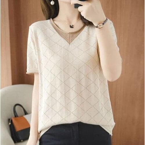 Short Sleeve Summer Pullover Tops Casual V-neck Hollow Out Women Shirt Female Pull Jumpers Sweater