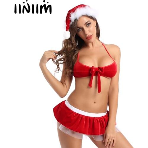 Womens Christmas Santa Costumes Velvet Lingerie Suit Halter Lace Bowknot Bra Tops Tulle Mini Skirt with Faux Fur Trimming Hat
