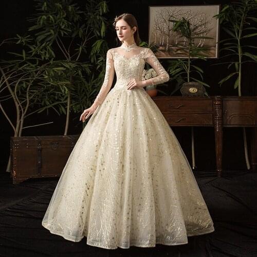 2020 Elegant Champagne Wedding Dress Vestido De Noiva Luxury High Neck Sequins Lace Wedding Ball Gown Floor-length Bride Dress