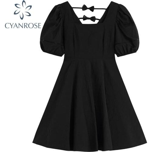 Vintage Gothic Bowknot Aesthetic Dress Women 2021 Summer New Chic Streetwear Solid Color Short Sleeve Korean style Mini Dresses