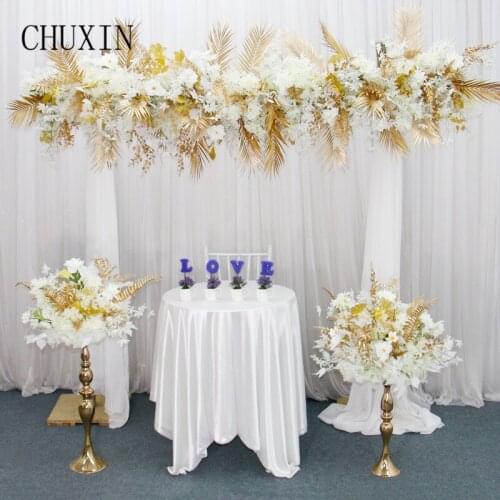 Custom Golden White Floral Ball Wedding Flower Arrangement Stage Party Arch Layout Artificial Flower Row Background Wall Decor