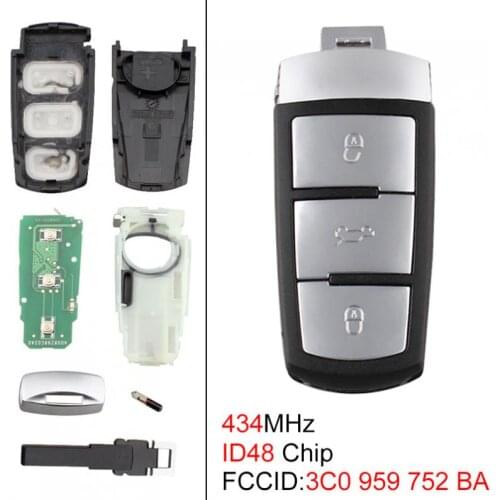 1pcs 434MHz 3 Buttons Keyless Uncut Flip Smart Remote Key Fob with ID48 Chip fit for VW Passat B6 3C B7 Magotan CC 2006-2011
