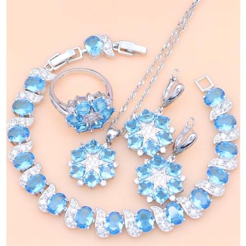 Sky Blue Cubic Zirconia 925 Silver Jewelry Sets Decorations For Women Earrings Fashion 4PCS Party Gift For Her