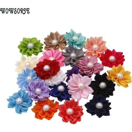 3.8cm Satin Ribbon Chic Mini Flowers with Pearl Solid Polygon diy Flowers Headwear Hair Accessory Without Clips 20pcs/lot