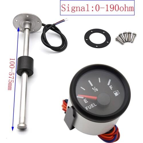 52MM Fuel Level Gauge with 0-190ohm Fuel Level Sensor 100 125 225 250 300 350 450 500mm Fuel Sender Unit Auto Gauge for Boat